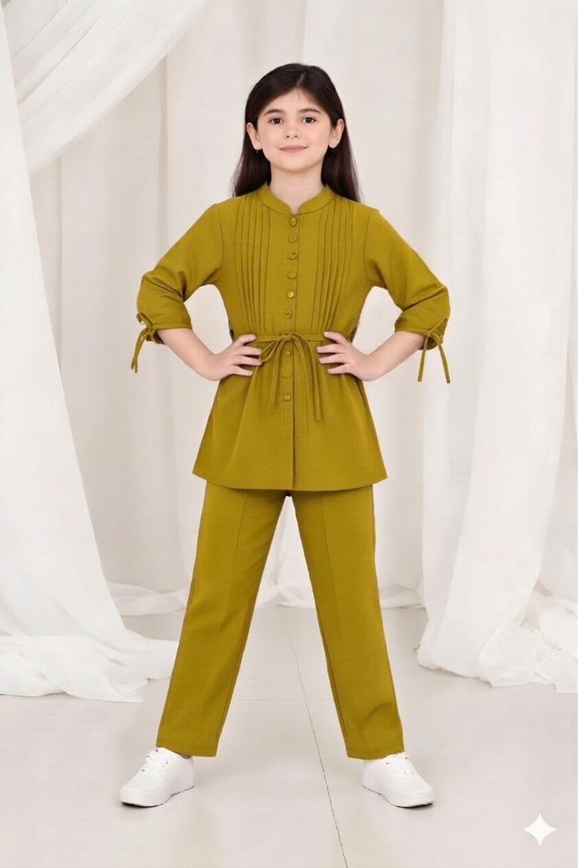 2-Piece Co-ord Set for Kids - Belted Design Long Shirt + Trouser (CU-KBD002)