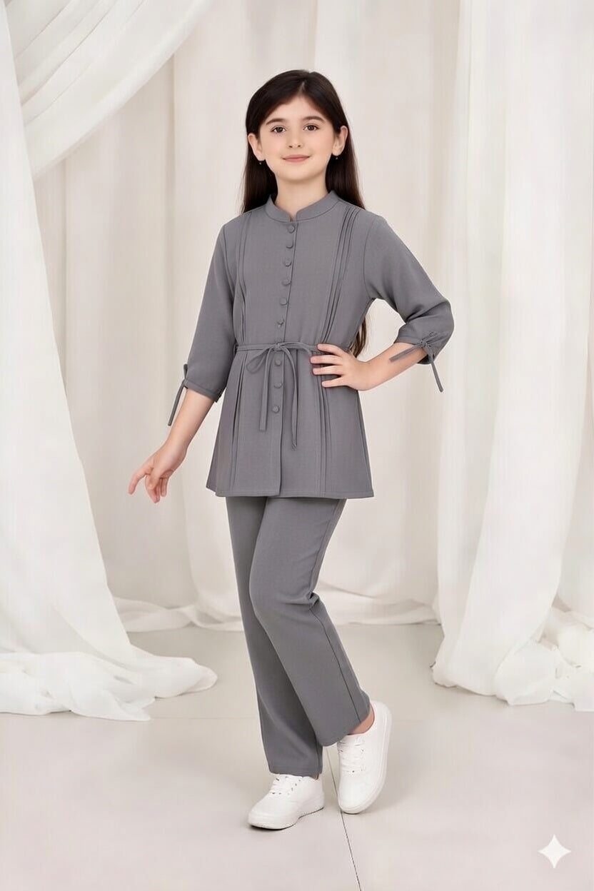 2-Piece Co-ord Set for Kids - Belted Design Long Shirt + Trouser (CU-KBD003)