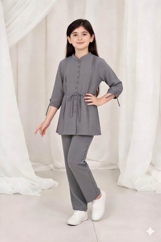 2-Piece Co-ord Set for Kids - Belted Design Long Shirt + Trouser (CU-KBD003)