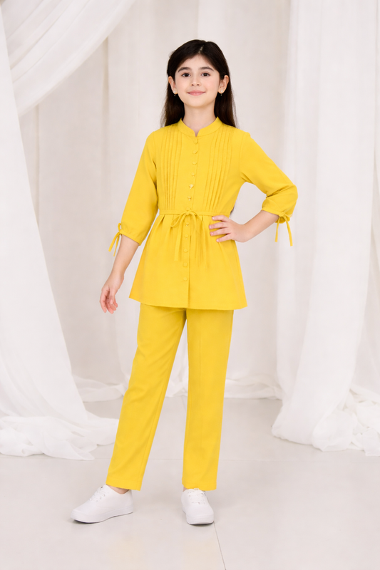 2-Piece Co-ord Set for Kids - Belted Design Long Shirt + Trouser (CU-KBD009)