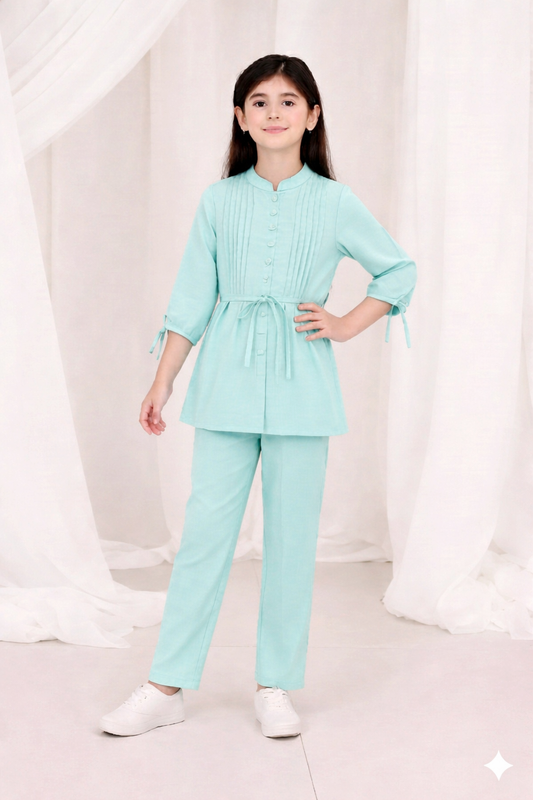 2-Piece Co-ord Set for Kids - Belted Design Long Shirt + Trouser (CU-KBD011)