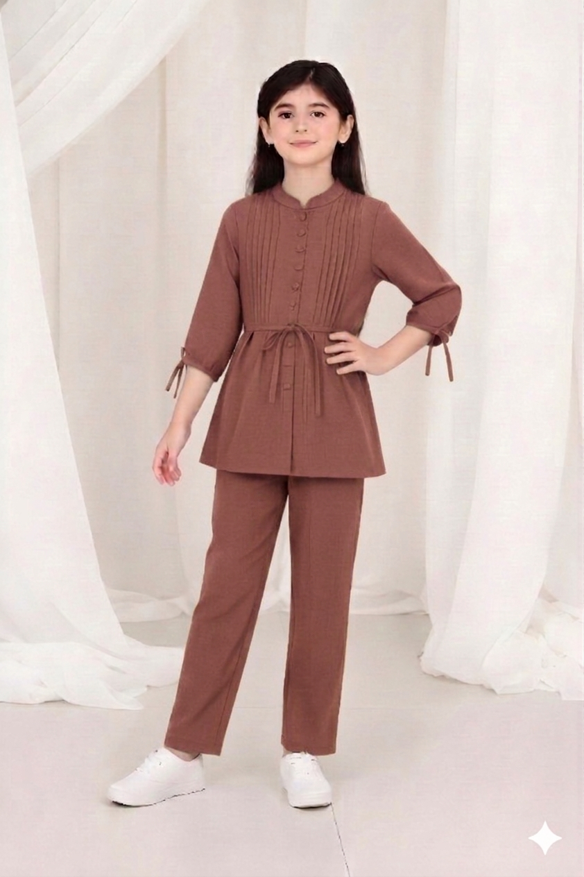 2-Piece Co-ord Set for Kids - Belted Design Long Shirt + Trouser (CU-KBD007)
