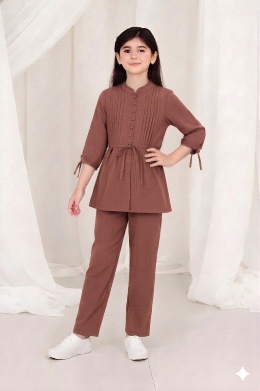 2-Piece Co-ord Set for Kids - Belted Design Long Shirt + Trouser (CU-KBD007)