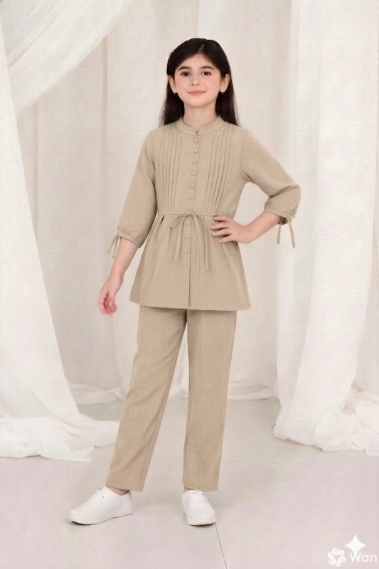 2-Piece Co-ord Set for Kids - Belted Design Long Shirt + Trouser (CU-KBD010)